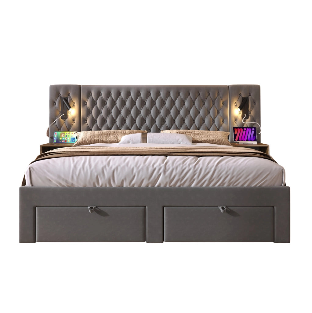 Letto matrimoniale 180x200 cm con comodini, 4 cassetti, luci LED e porte USB/Type-C