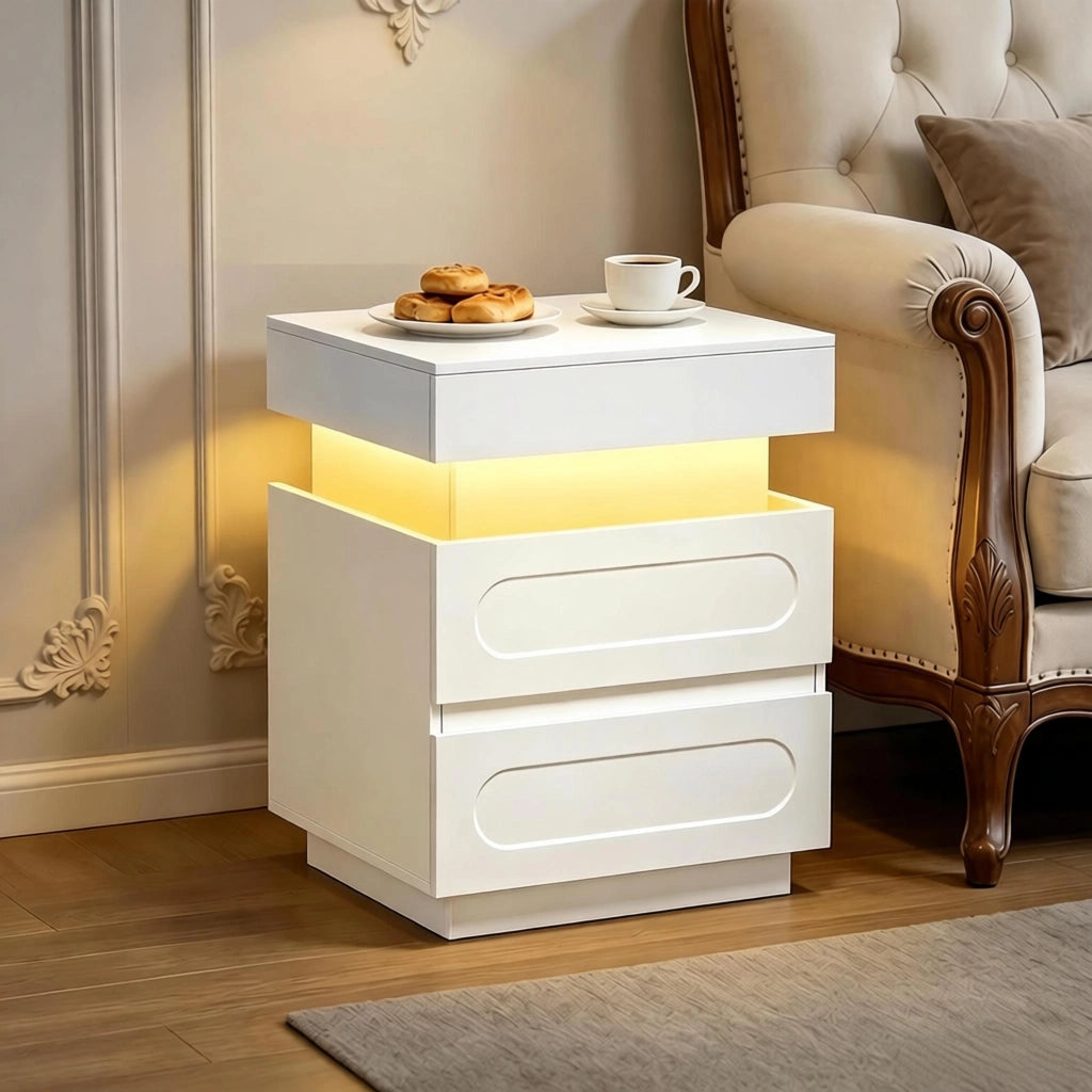 Comodino con 2 cassetti, vano nascosto e LED, con stazione di ricarica, per camera da letto, bianco, 45 × 58 × 40 cm
