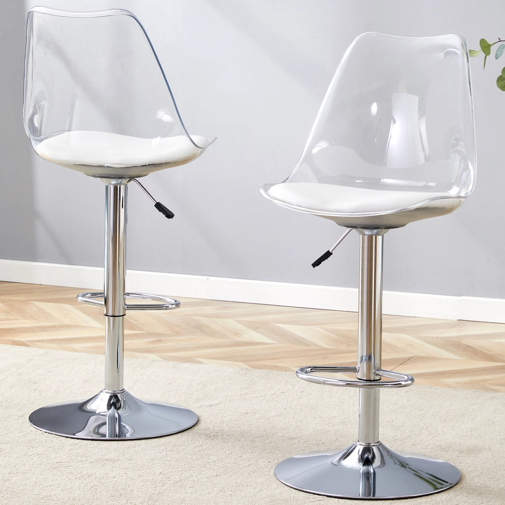 Set di 2 Sgabelli da Bar Regolabili; Girevoli a 360° con Schienale Trasparente; Metallo e Plastica; Argento e Trasparente