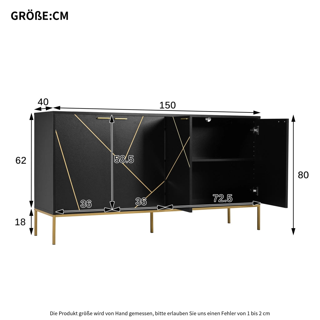 Credenza con 4 ante e ripiano regolabile; per soggiorno; in truciolare e MDF; 150×40×80 cm; nero