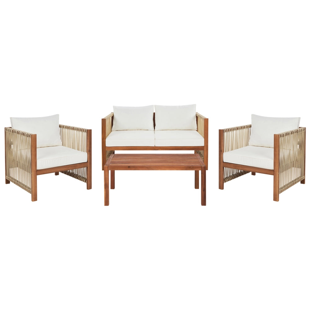 Set di Divano da giardino a 4 posti Legno chiaro Accacia con corda sintetica beige Divano a 2 posti Poltrone e tavolino
