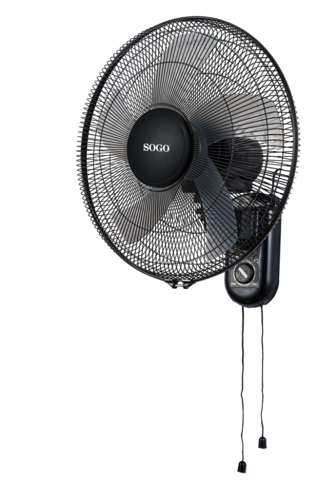 Ventilatore da parete 40 cm con oscillazione, 3 velocità e 5 pale 50W con tiranti comando e inclinazione regolabile - Sogo