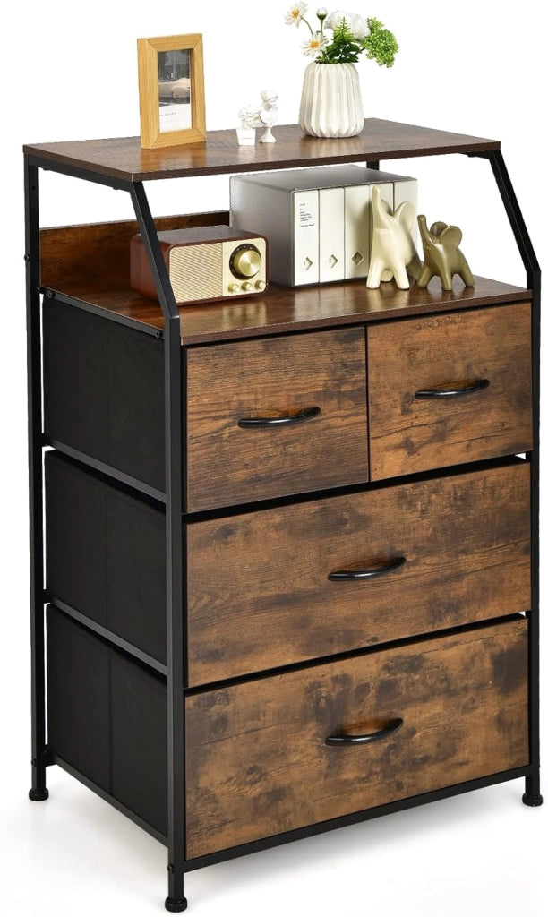 Cassettiera a 4 Cassetti con Ripiano, Mobile da Terra con Telaio in Metallo e Cesti in Tessuto, Mobile Stile Industriale per Soggiorno, Ingresso, Camera da Letto, 60 x 39 x 96 cm
