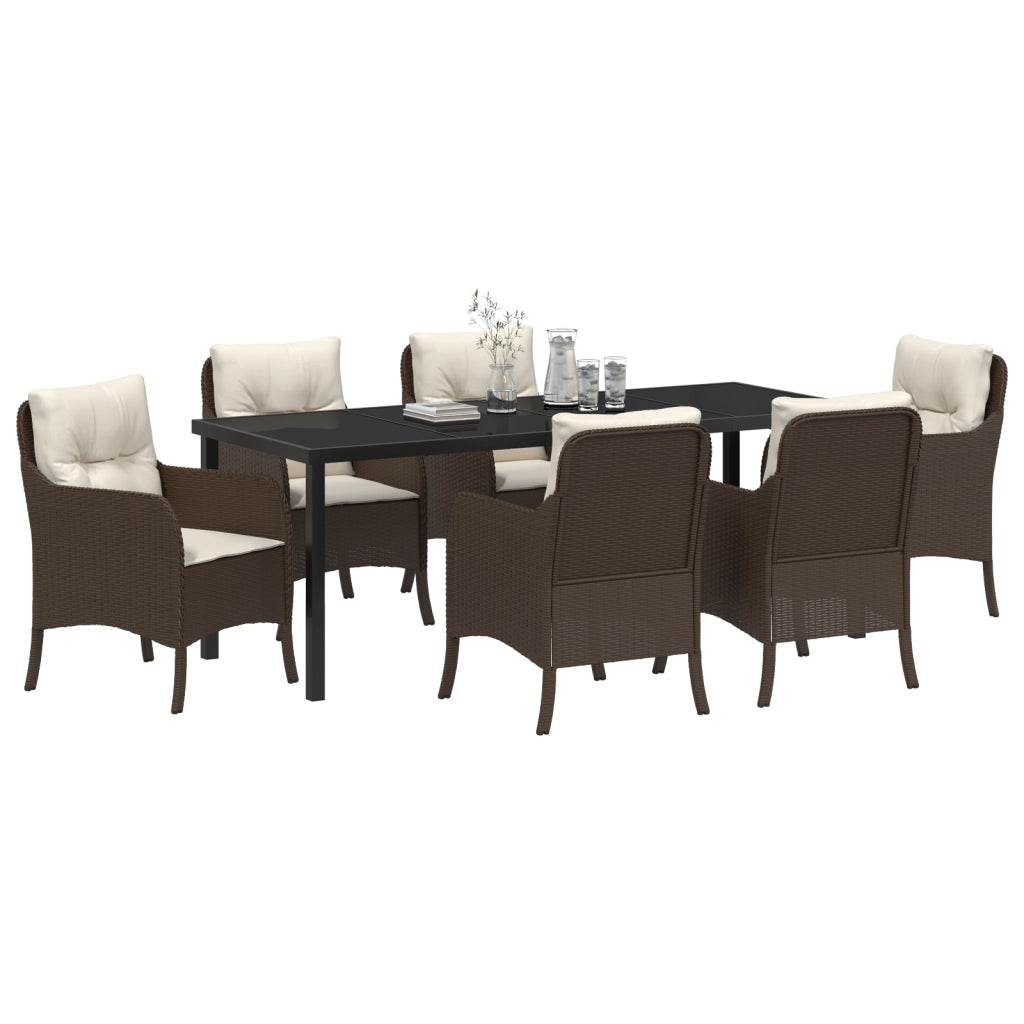 Set da Pranzo da Giardino 7 Pezzi con Cuscini Marrone Rattan di Polietilene