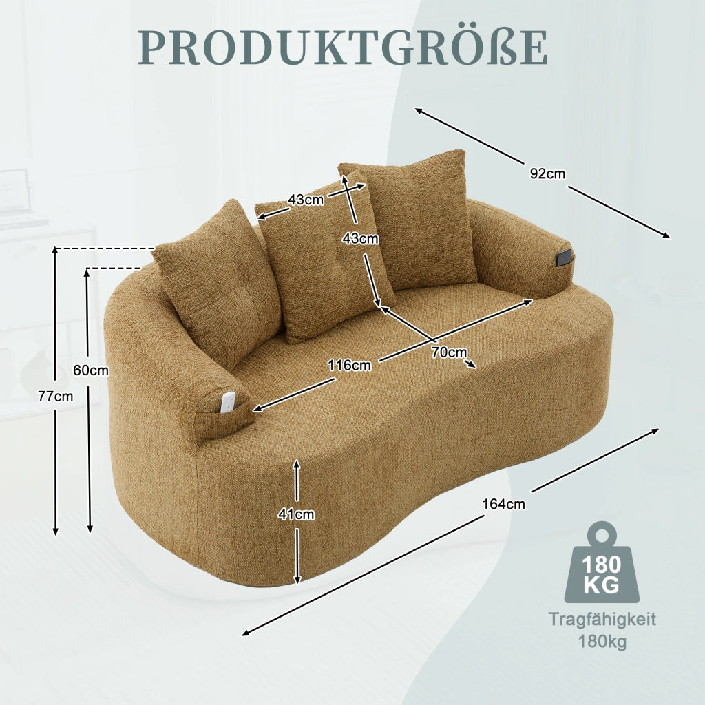 Divano a 2 posti in ciniglia con cuscini extra spessi e seduta profonda, senza montaggio, senape 164 × 92 × 60 cm