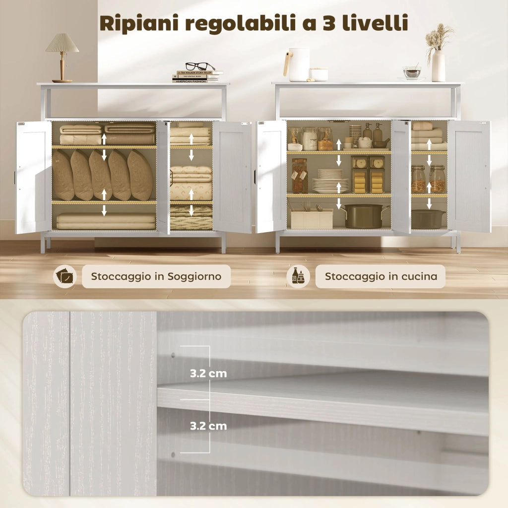 Credenza da Cucina con Ripiano Aperto e 2 Armadietti. in Legno e Acciaio. 100x35x88 cm. Bianco