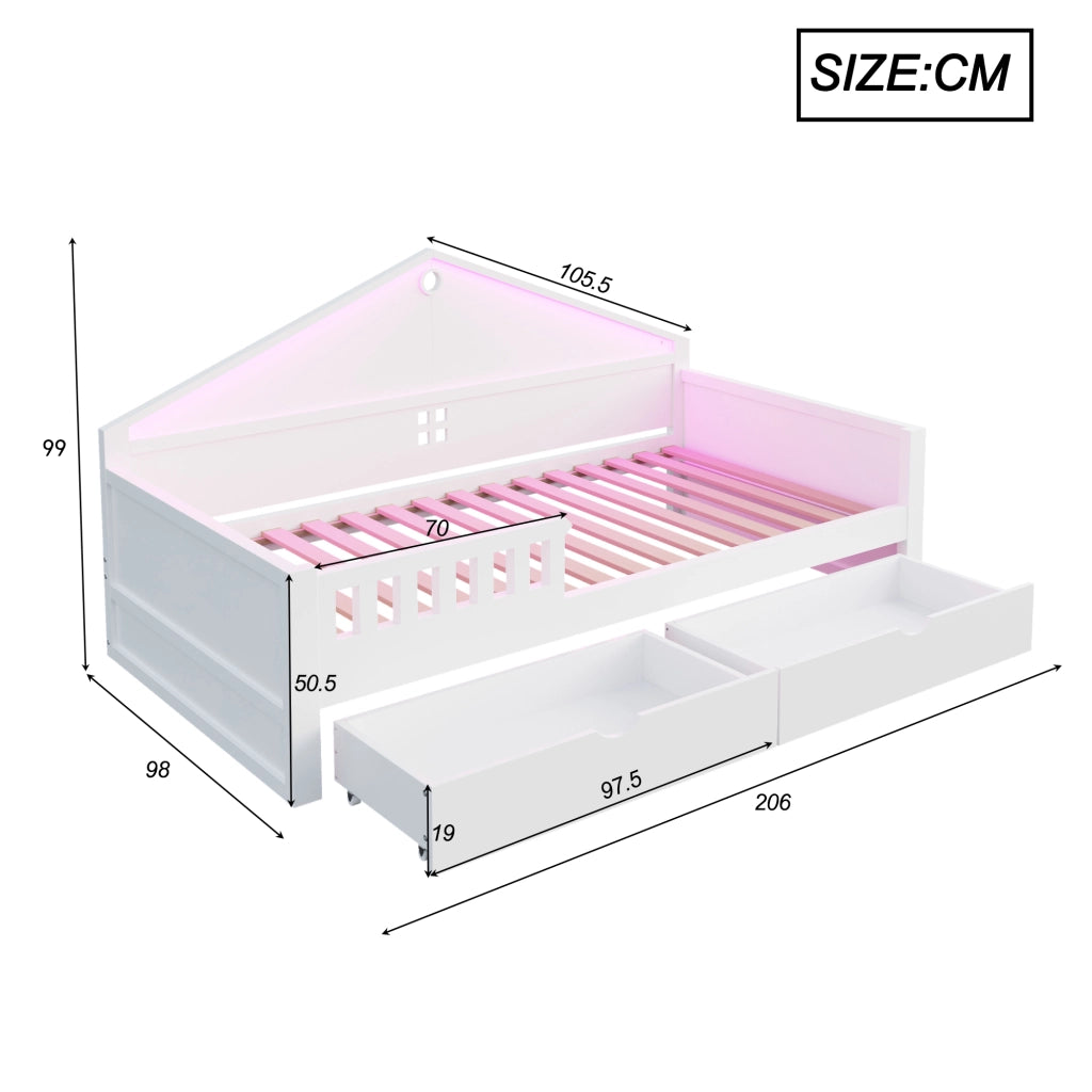 DESMIU Letto singolo 1 posto con 2 cassetti, LED regolabile e contenitore 90 × 200 cm, senza materasso, bianco