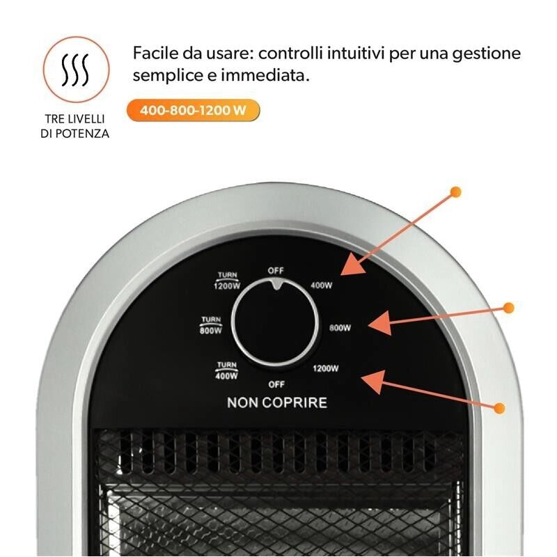 HIGH-TECH STUFA ALOGENA 400-800-1200 W 3 LIVELLI DI POTENZA SPEGNIMENTO AUTOMATICO E OSCILLAZIONE ORIZZONTALE