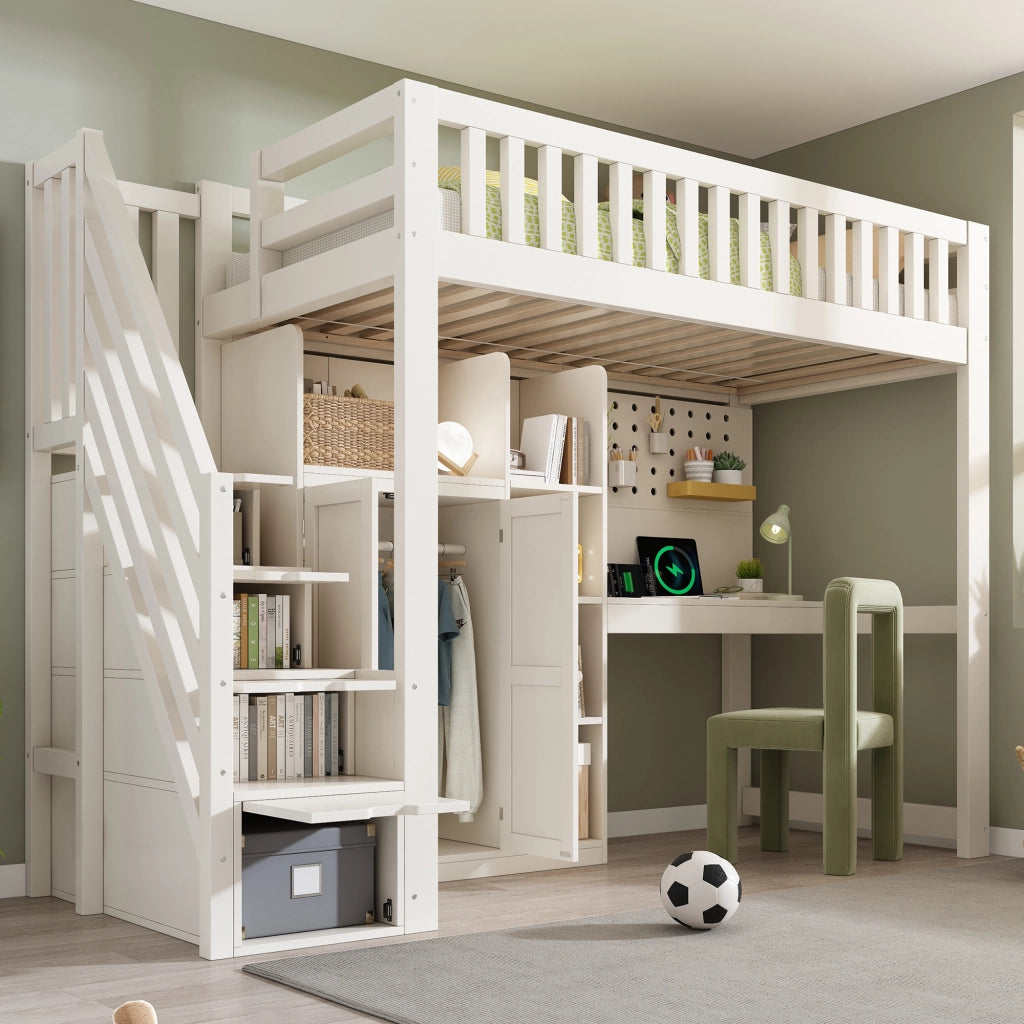 Letto a Soppalco con Scrivania e Armadio ¨C MINIMAL ¨C 90x200, Bianco, Rete a Doghe