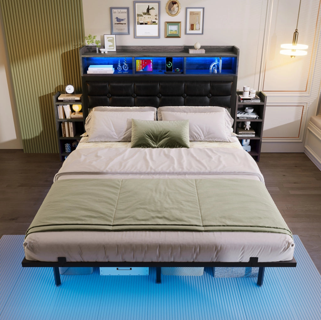 Letto 140x190 cm con LED, prese USB e USB-C, comodini estraibili in ferro grigio