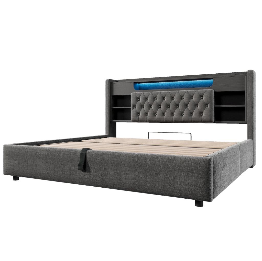 Letto matrimoniale 180x200 cm con contenitore idraulico; LED; USB e USB-C; in lino grigio