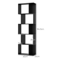 Mobile Libreria in Legno a 5 Ripiani Design Moderno in Legno, 60x24x184.5 cm, Nero