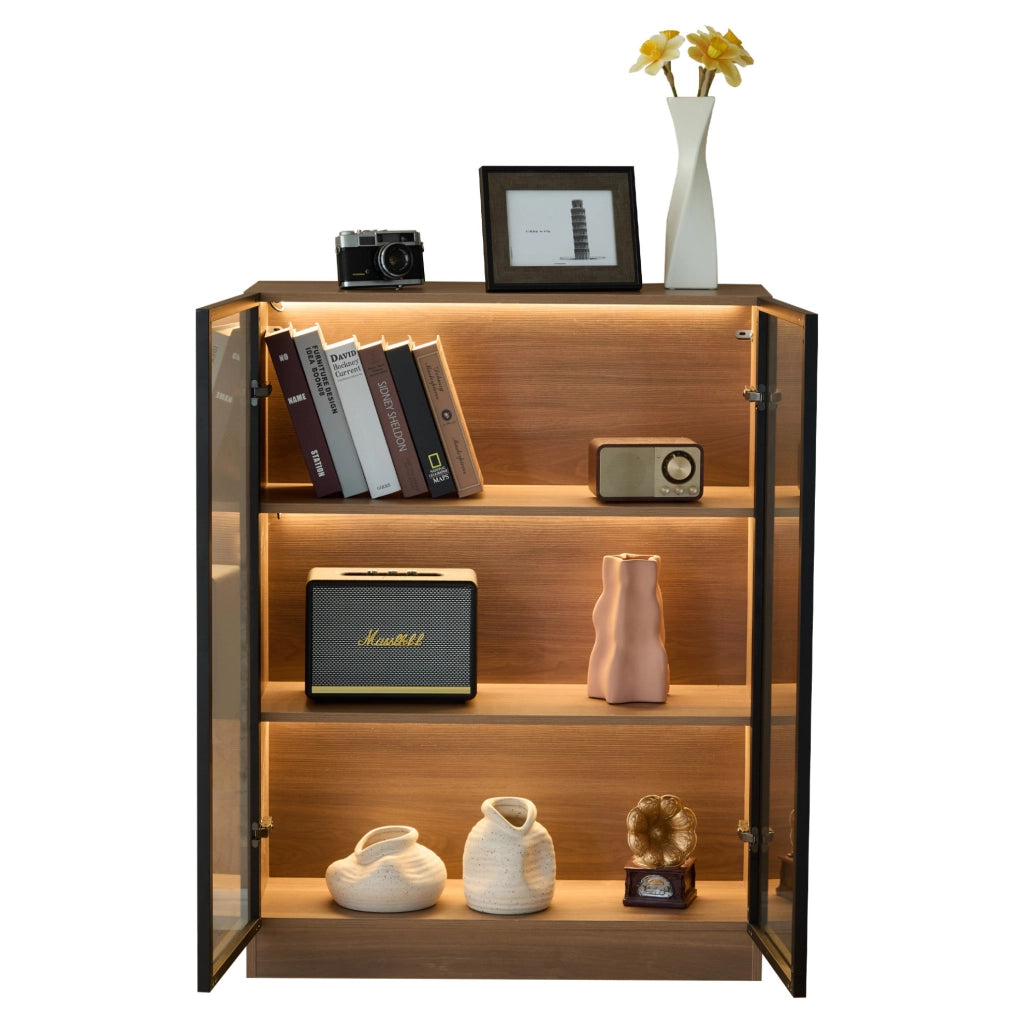 Vetrina in vetro con LED 80x30x106 cm; effetto noce naturale; con ante in alluminio
