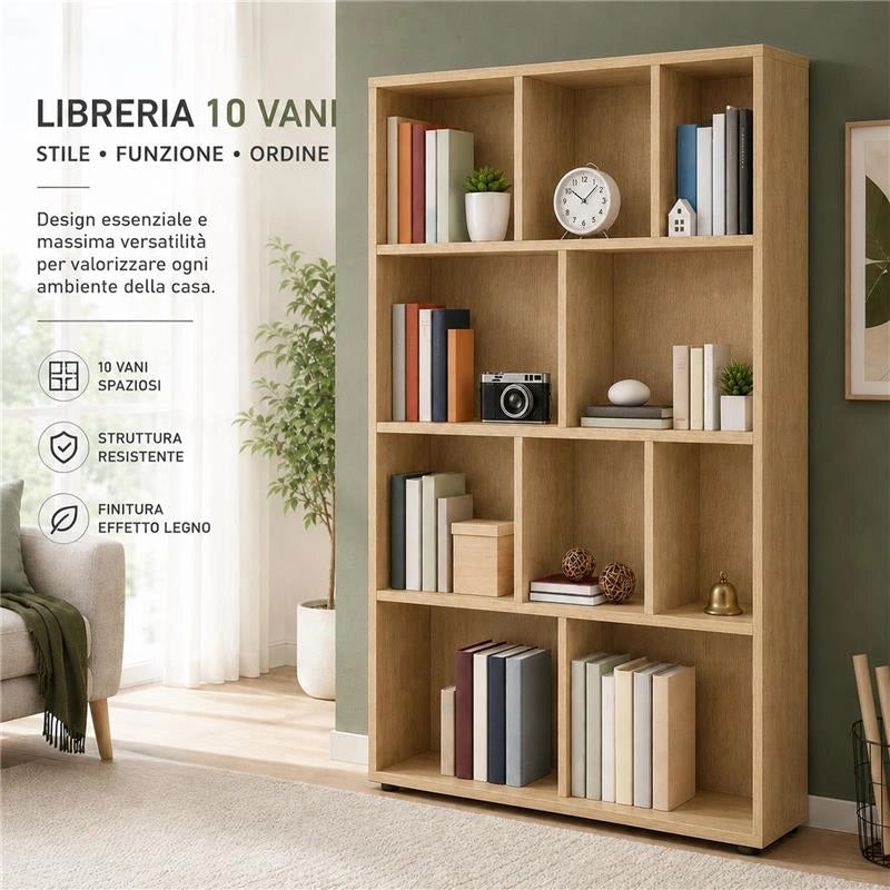 LIBRERIA IN LEGNO CON 10 RIPIANI COLORE ROVERE DIMENSIONI 90X30X140 CM