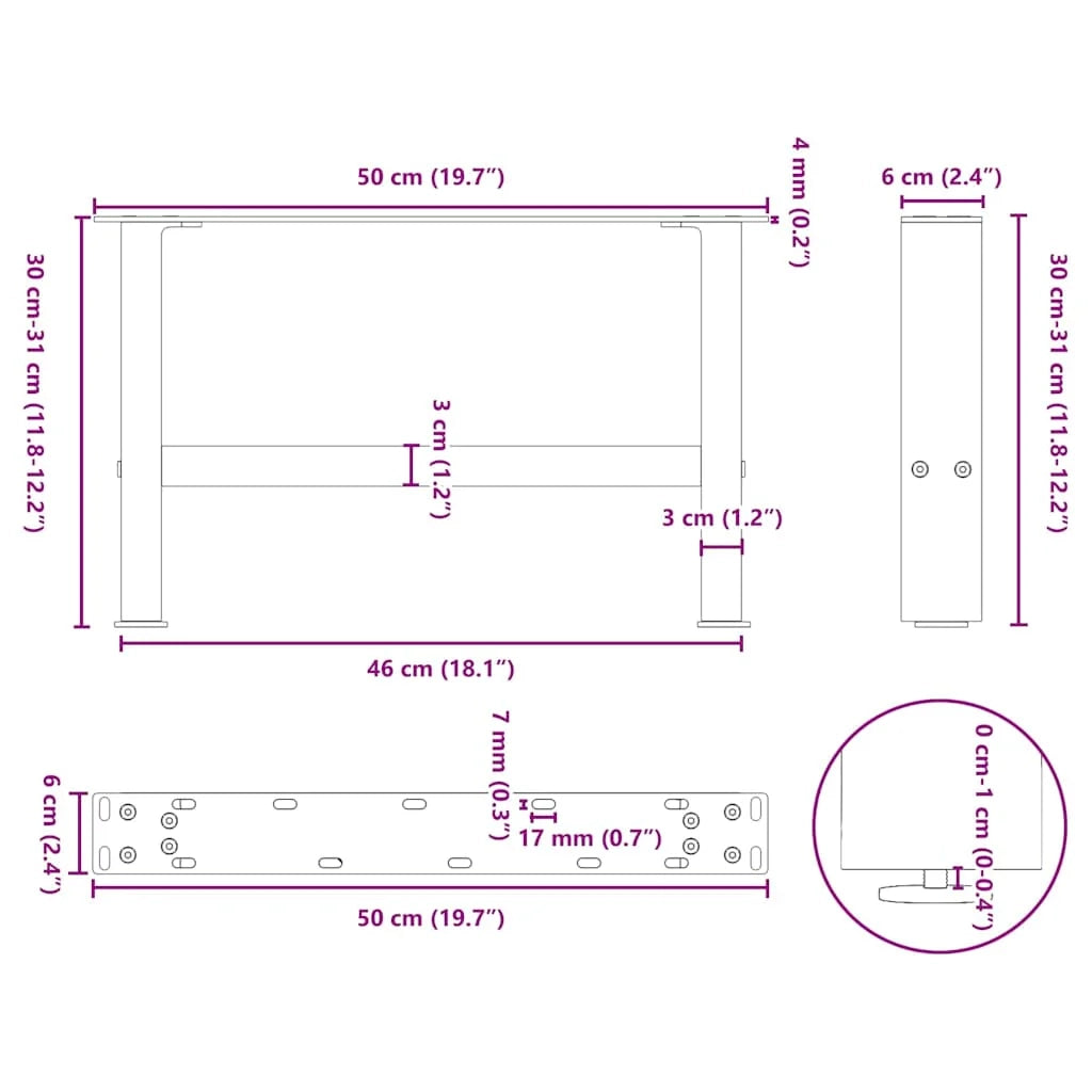 Set di 2 gambe robuste quadrate regolabili per tavolino da caffè 50 x 30-31 cm in acciaio antracite 02_0057502