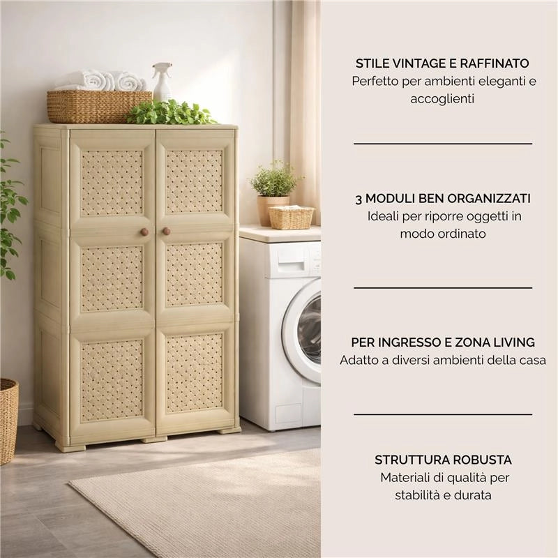 ARMADIO 3 MODULI TALPA 79X43X125 CM CON ANTA TRAFORATA – MOBILE VERTICALE CONTENITORE PER ZONA LIVING E INGRESSO