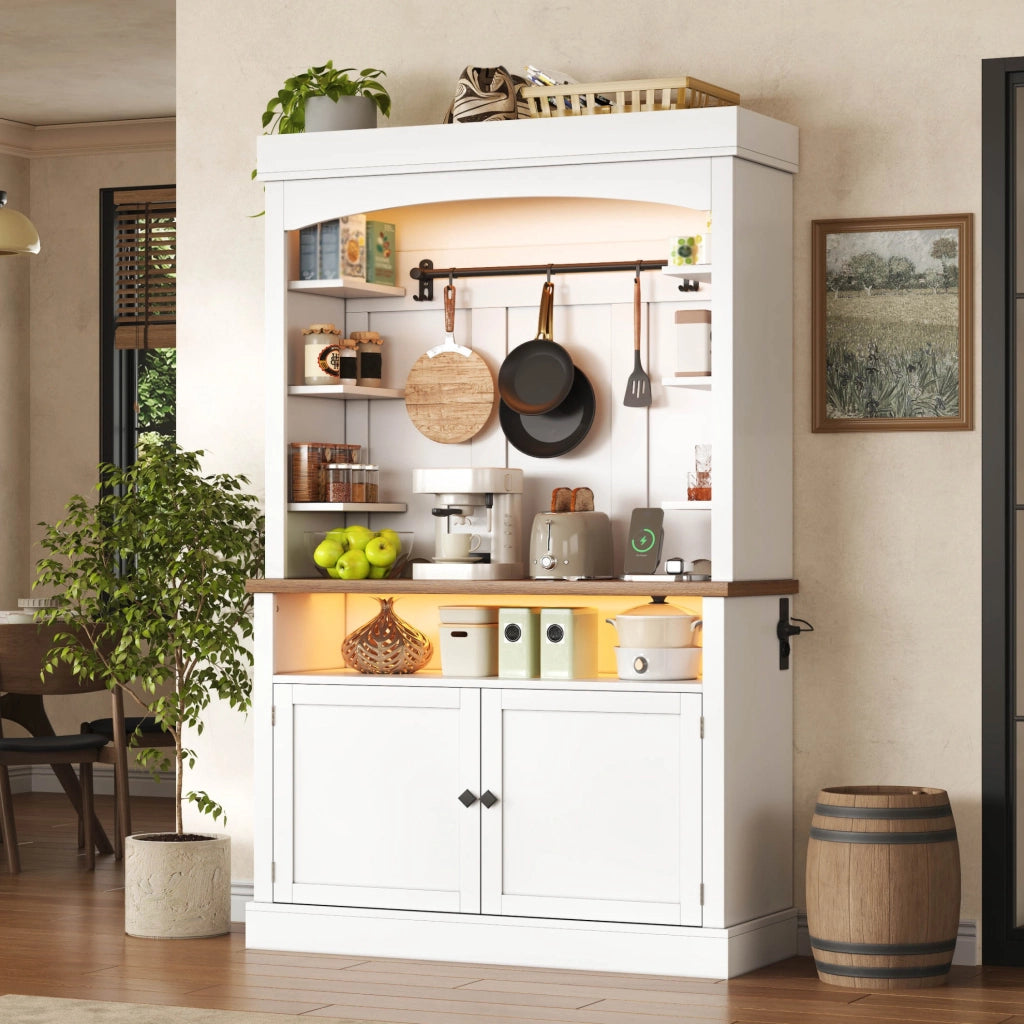 Credenza alta ad arco 106x43x183 cm in MDF bianco con LED RGB; prese USB e 2 prese AC