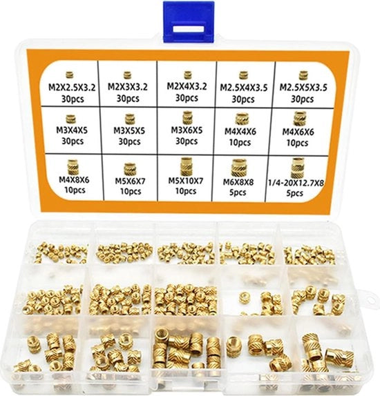 300 pezzi di set di viti e bussole a viti M2, M2,5, M3, M4, M5, M6, in olio, bussole in rame, viti a viti interne, viti a viti a gomiti con scatola di classificazione per parti in plastica per stampanti 3D soggette a riscaldamento o ultrasuoni