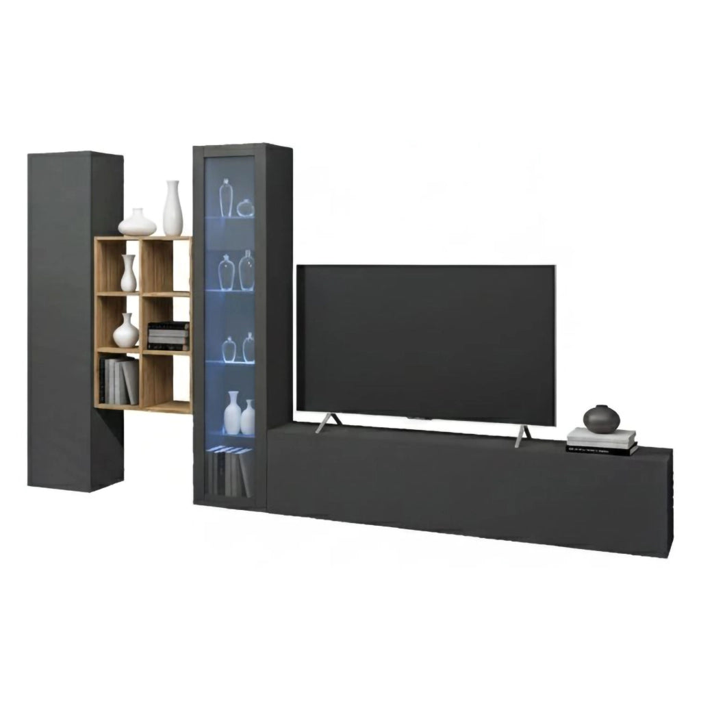 Mobile Soggiorno Ausonia, Parete Attrezzata 15 Ripiani Made in Italy, 320x30x180h cm Nero Antracite