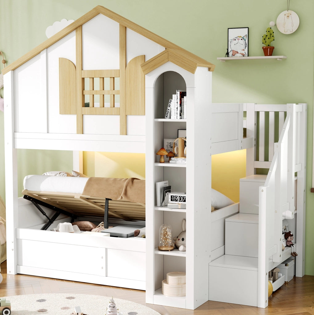 Letto a castello 90x200 cm con letto inferiore sollevabile; scala contenitore; LED; bianco