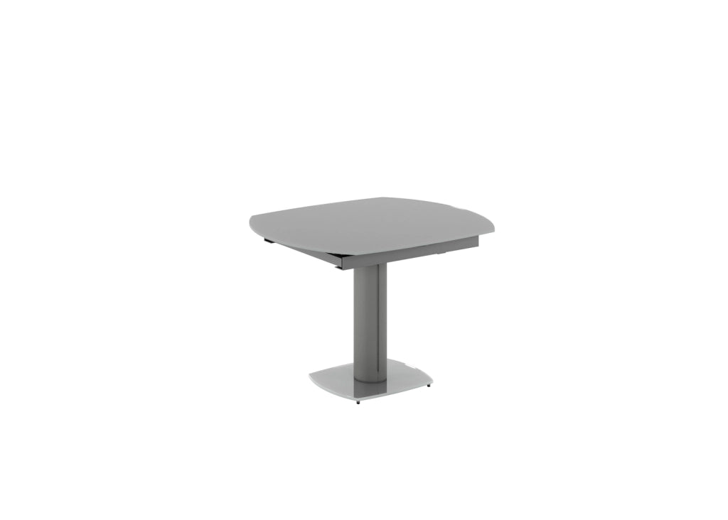 Tavolo da pranzo allungabile Kyoto 120-180 cm con top in vetro temperato grigio e base rivestita in similpelle - Design Contemporaneo