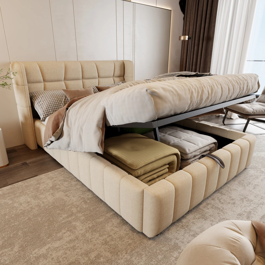 Letto matrimoniale 140 x 200 cm, testiera imbottita, vano portaoggetti, tessuto di lino, beige
