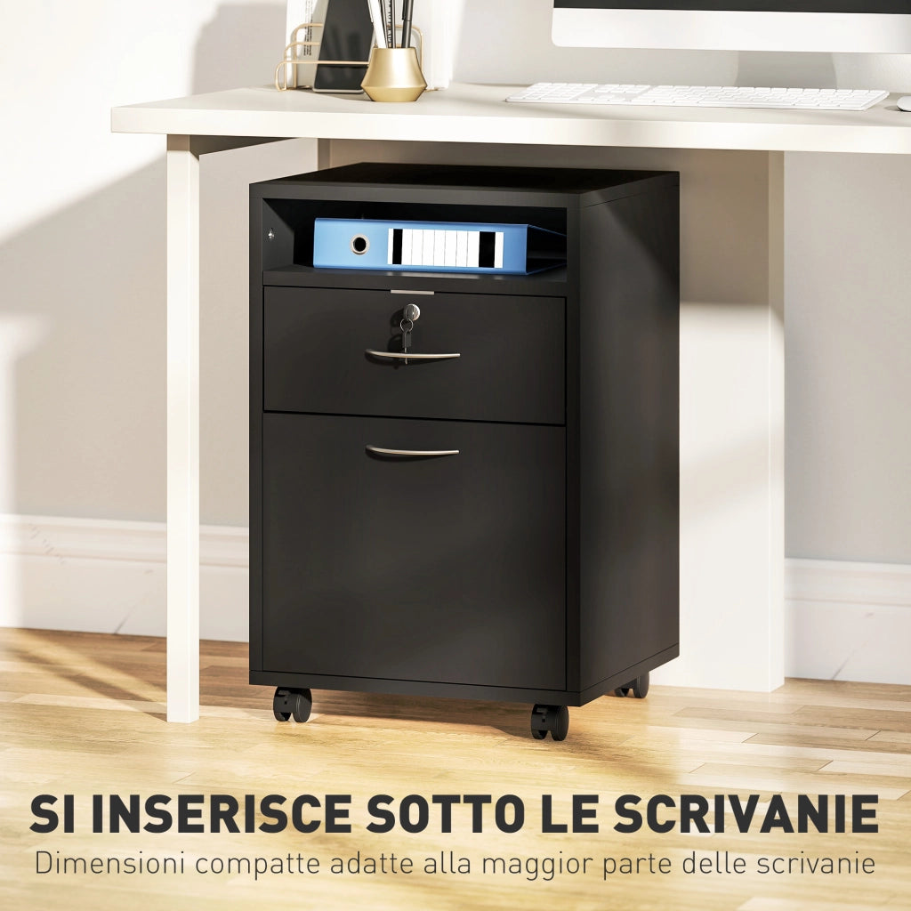 Cassettiera Portadocumenti a 4 Ruote 40x35x60 cm Cassetto con Serratura e Armadietto in Legno Nero