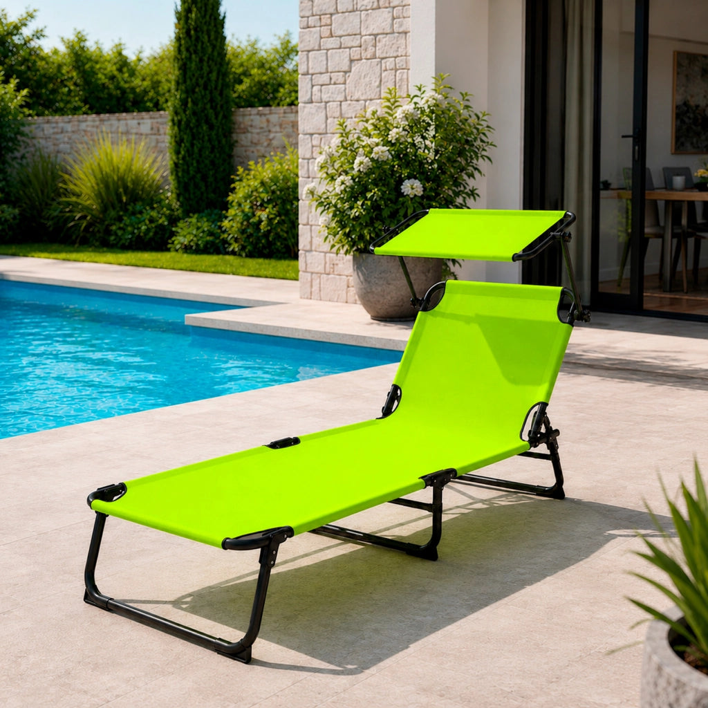 Lettino Prendisole Pieghevole Con Tettuccio Parasole Schienale Reclinabile Regolabile Telaio In Metallo Nero 187 x 53 x 24 Cm Verde Fluo