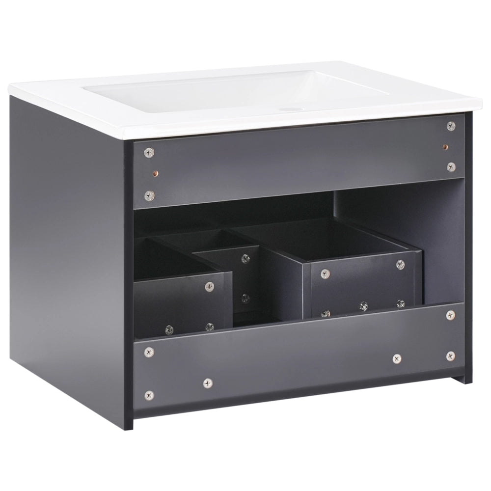 Mobiletto da parete con lavabo in legno massiccio per bagno 60 cm Nero stile moderno