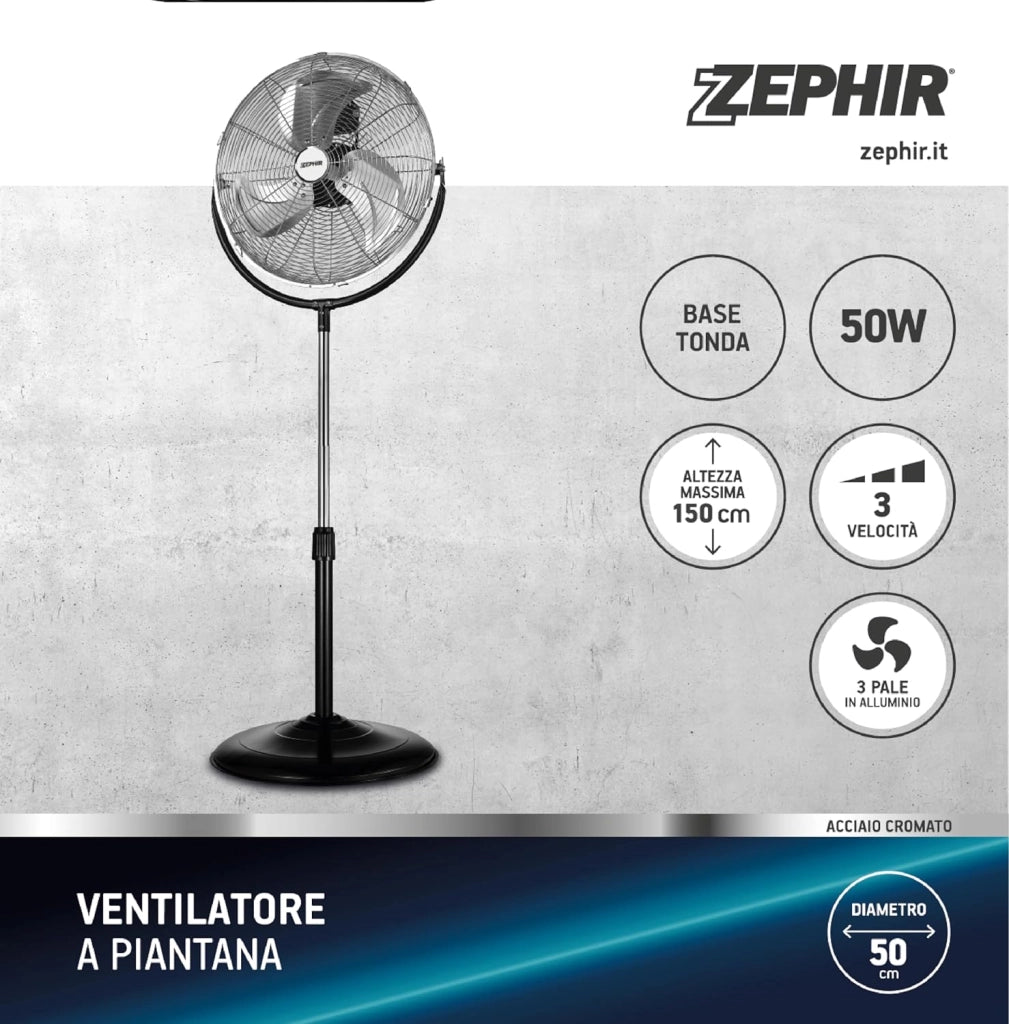 Zephir Ventilatore a Piantana Cromato 50 cm con Pale, 120W, 3 Velocità, Oscillazione Automatica, Altezza Regolabile 150 cm, Silenzioso per Grandi Ambienti