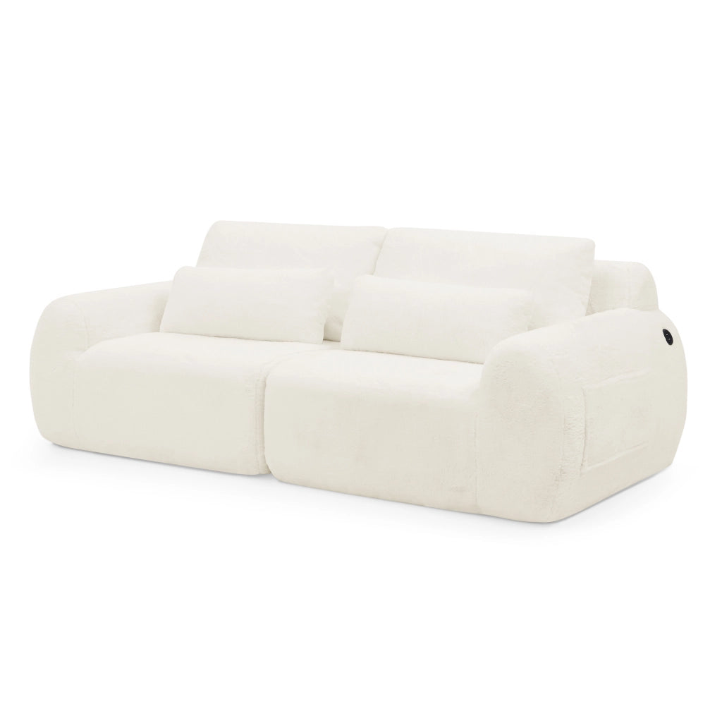 Divano 2 posti 208x101x81 cm beige con USB e tasca laterale, tessuto peluche