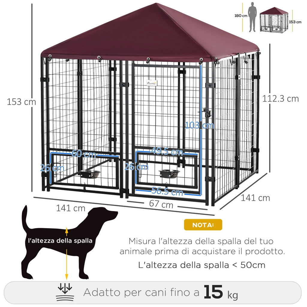 RECINTO PER CANI DA ESTERNO CON SERRATURA, 2 CIOTOLE GIREVOLI E COPERTURA RIMOVIBILE, NERO E ROSSO
