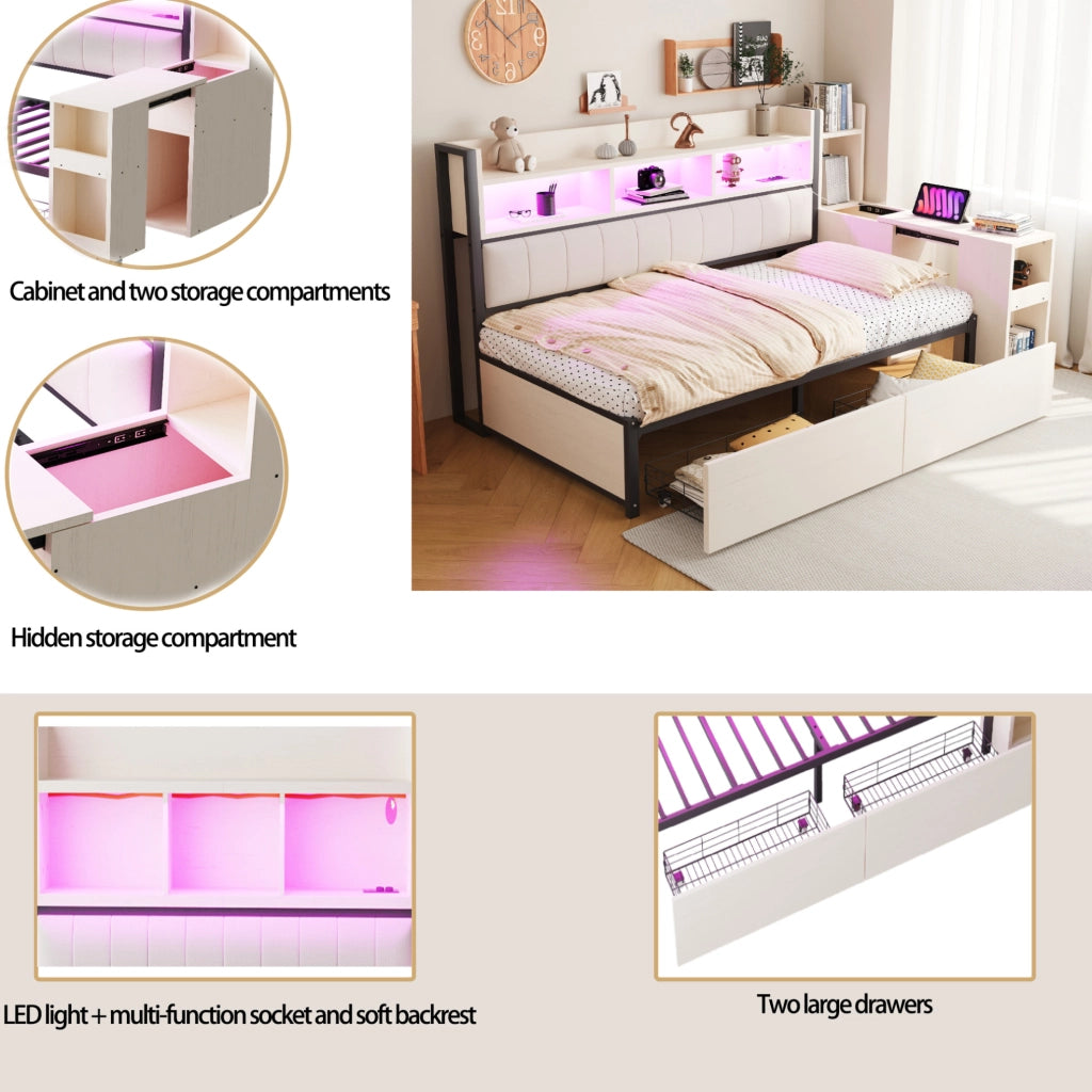 Letto singolo multifunzione 90x200 cm con scrivania mobile; contenitori e prese; bianco e legno