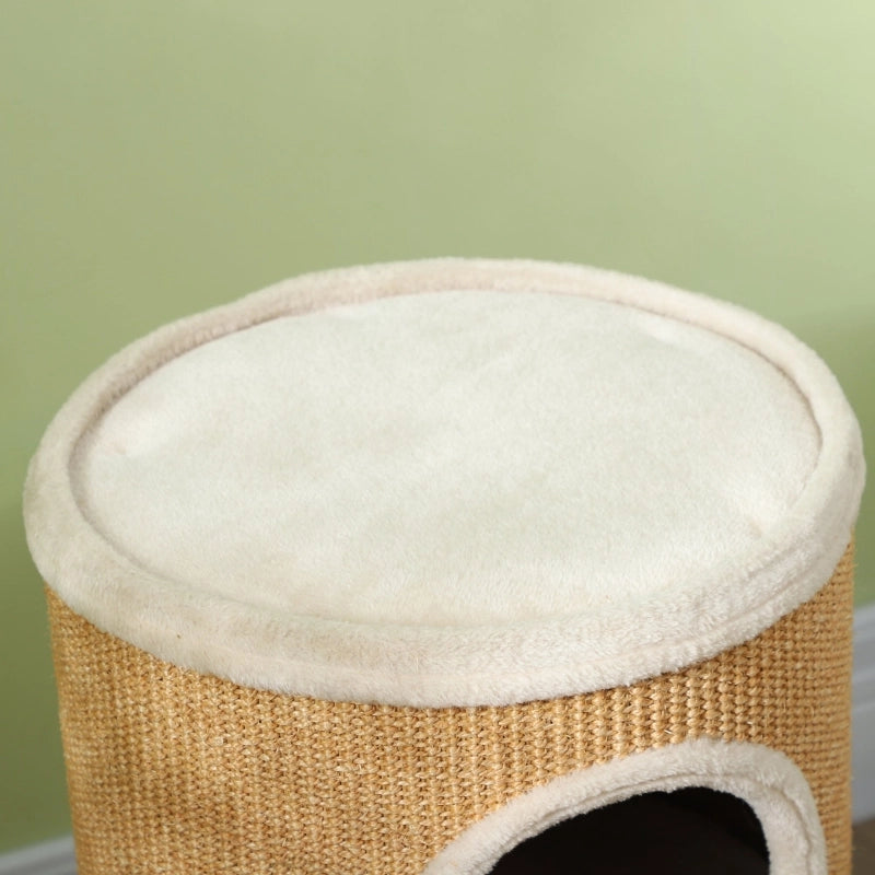 Tiragraffi a botte per gatti, doppio livello, rivestimento in peluche e superficie in sisal, Ø35 x 60H cm, marrone