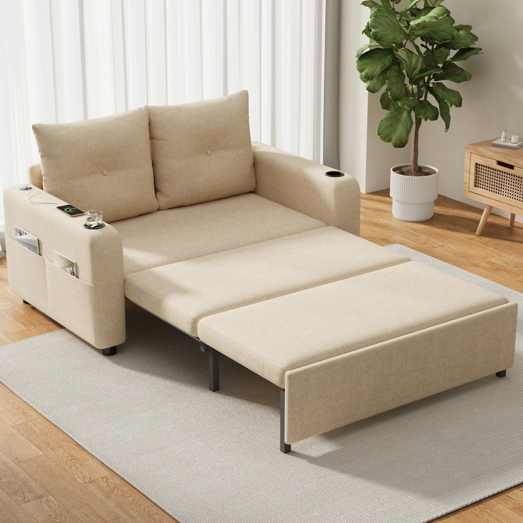 Divano letto 3 in 1 con portabicchieri, tasche laterali, cuscini e porte USB e tipo C in cotone lino beige