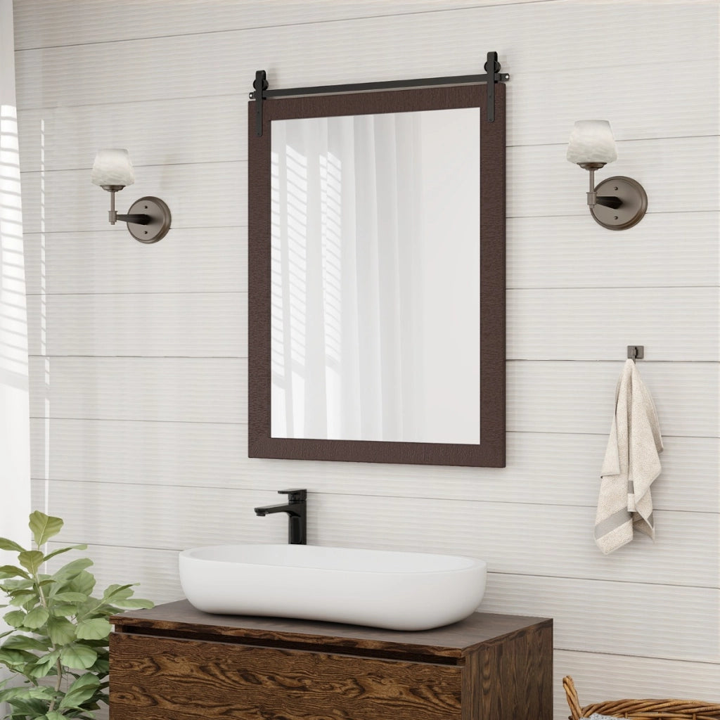 Specchio a parete farmhouse 76,5x56cm, Specchio a muro rettangolare con cornice in legno staffa in metallo Noce-Specchi da parete