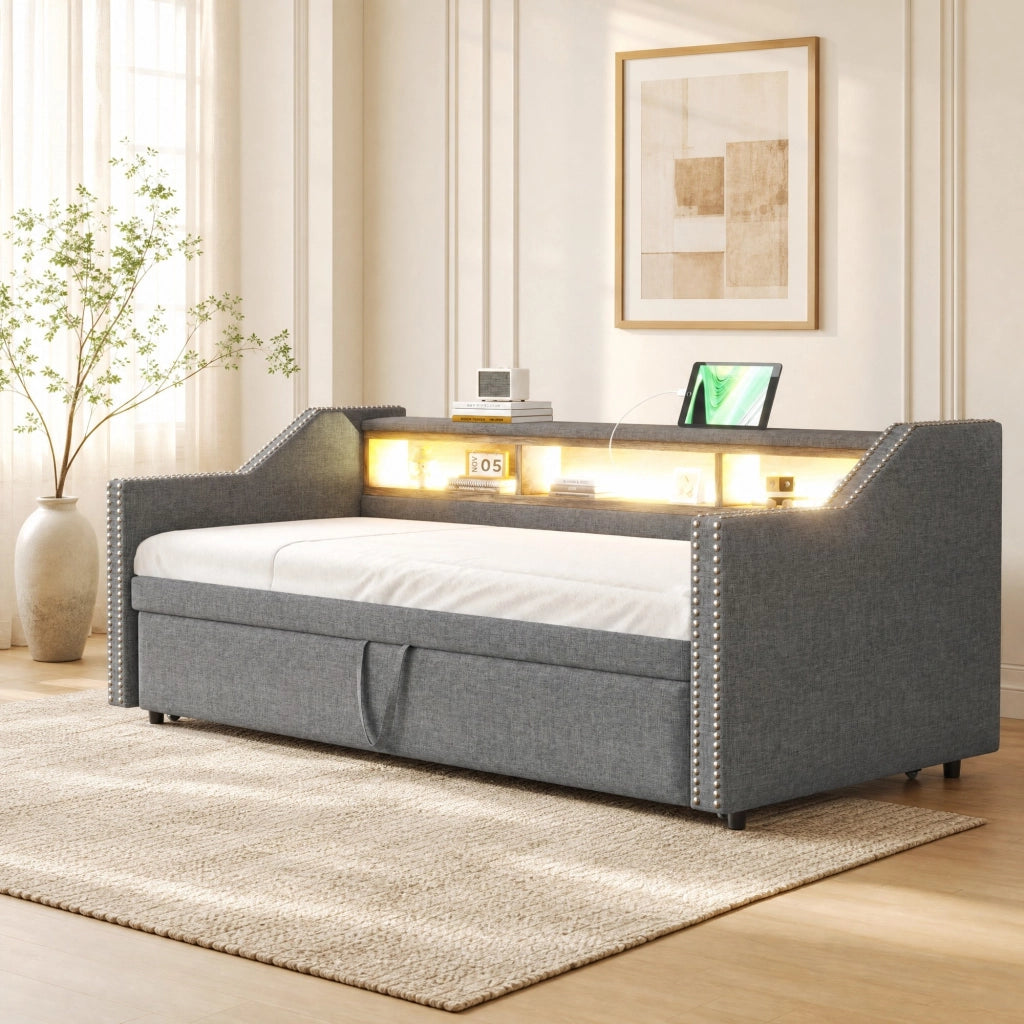 Divano letto imbottito estraibile 90/180 x 190 cm con vani portaoggetti; LED e USB; grigio chiaro