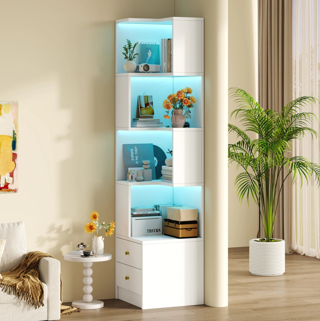 Libreria ad angolo a L con illuminazione LED e doppio cassetto