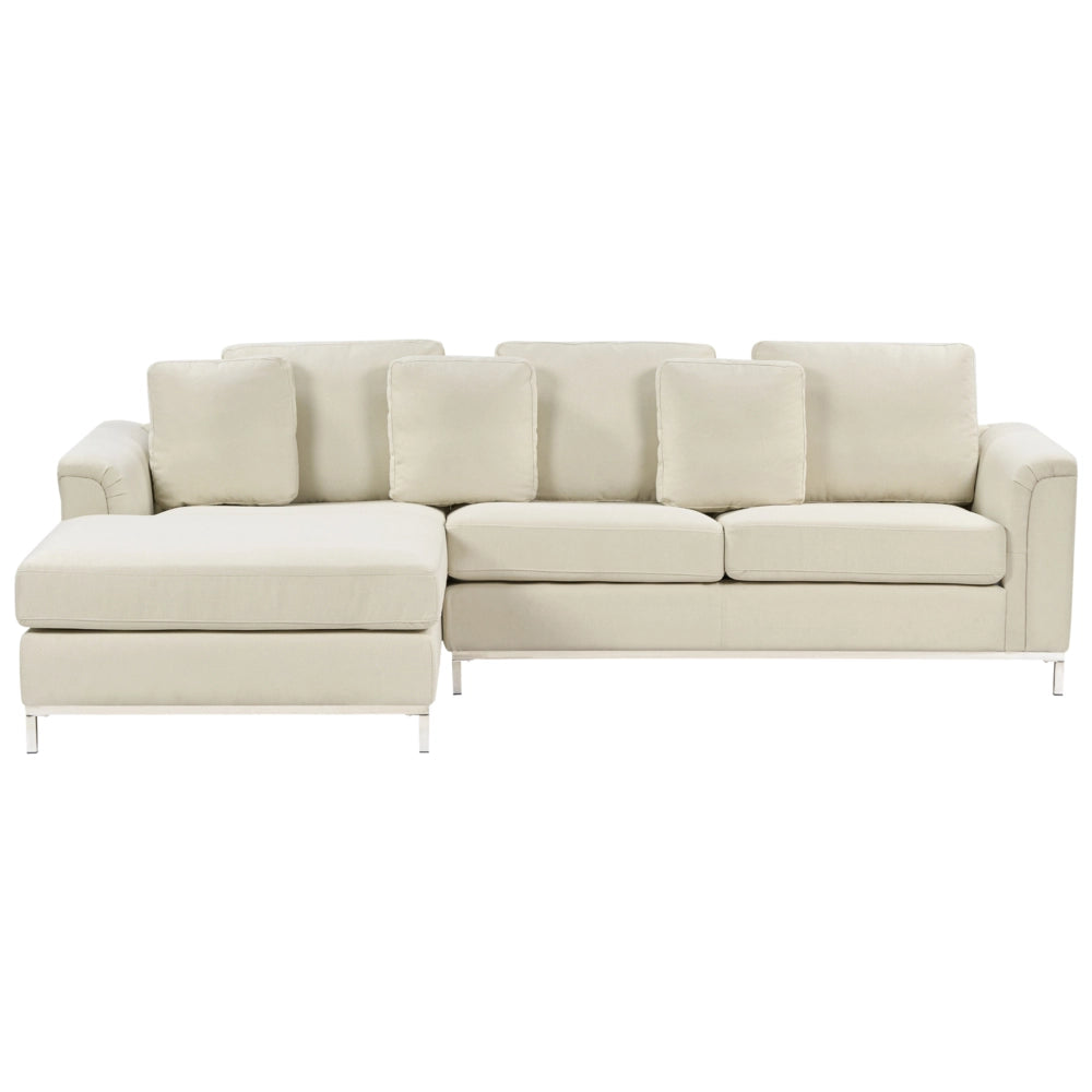 Divano ad angolo rivestito in tessuto beige a forma di L con orientamento a versione destra