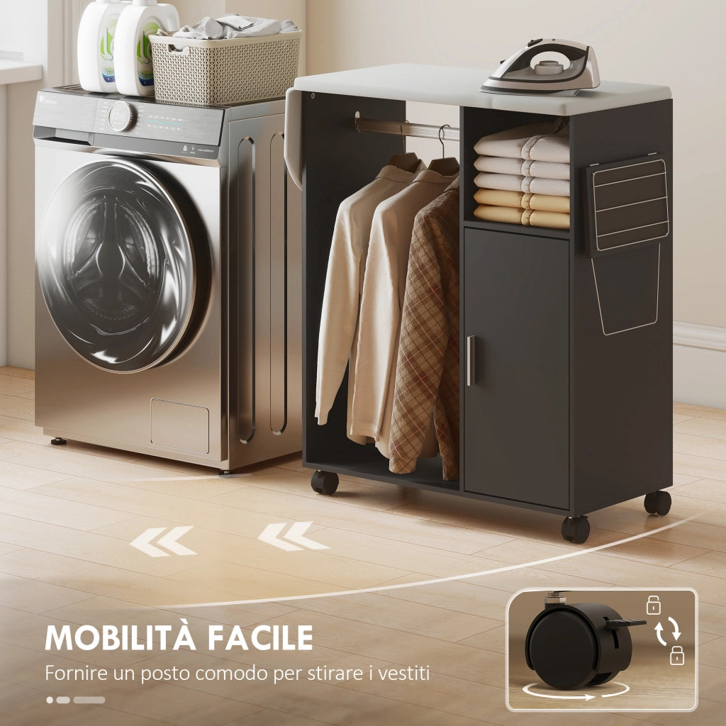 Mobile Asse da Stiro con Piano d'Appoggio ¨C Zephmum ¨C Effetto Lino, Nero, 127x42.5x99 cm