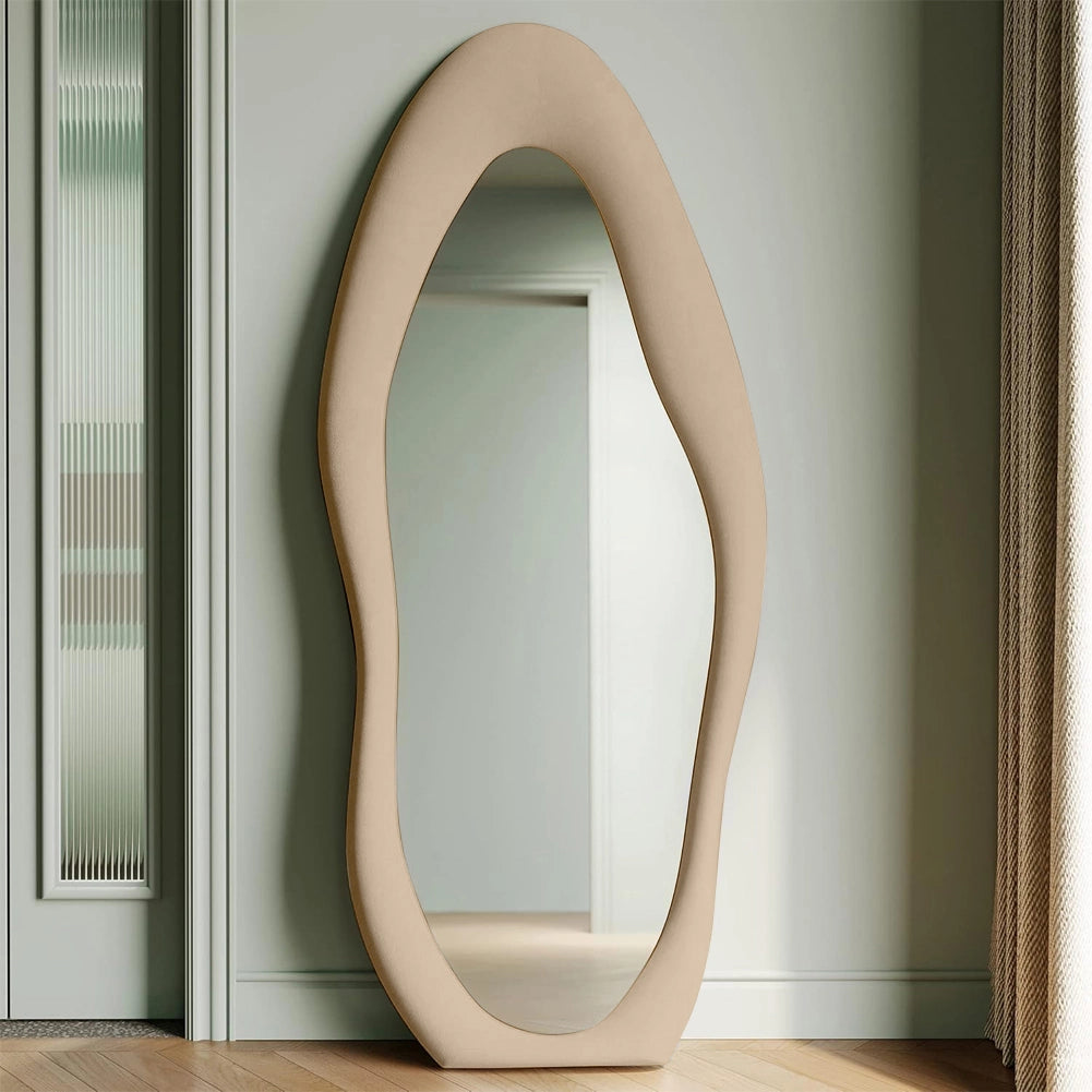 Specchio Grande Ondulato con Cornice Rivestimento in Velluto Cachi 60 x 160 cm