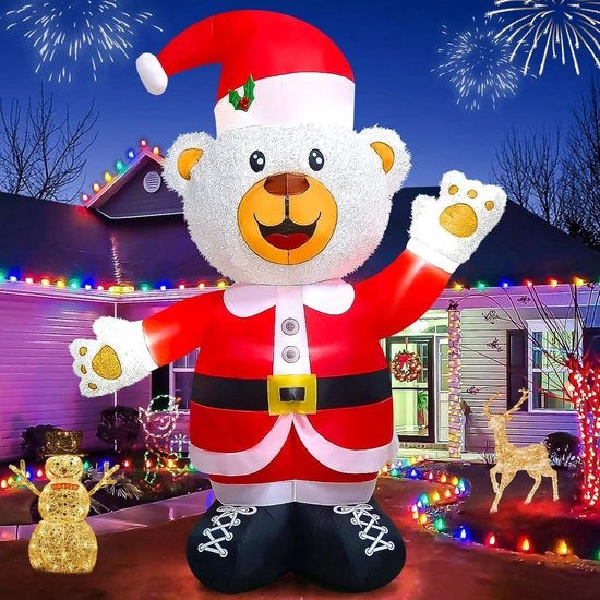 Orso Inflatabile da 8 Piedi con Cappello di Babbo Natale - Orso Peloso con Cappello di Babbo Natale - Decorazione di Natale Inflatabile per Esterni - Decorazione per Feste da Interno all'Esterno