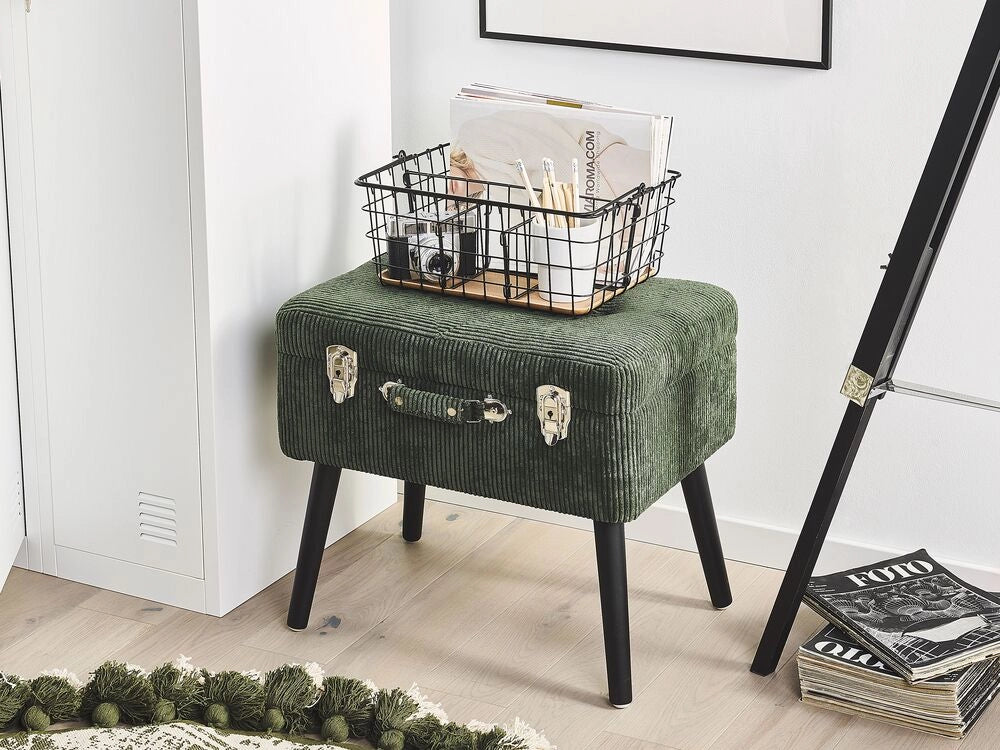 Comodino Sgabello Contenitore gambe nere imbottite in velluto a coste imbottite con design a valigia