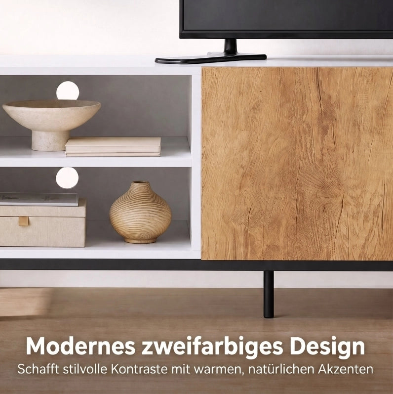 Mobile TV moderno 140 cm bianco e rovere con ripiani regolabili