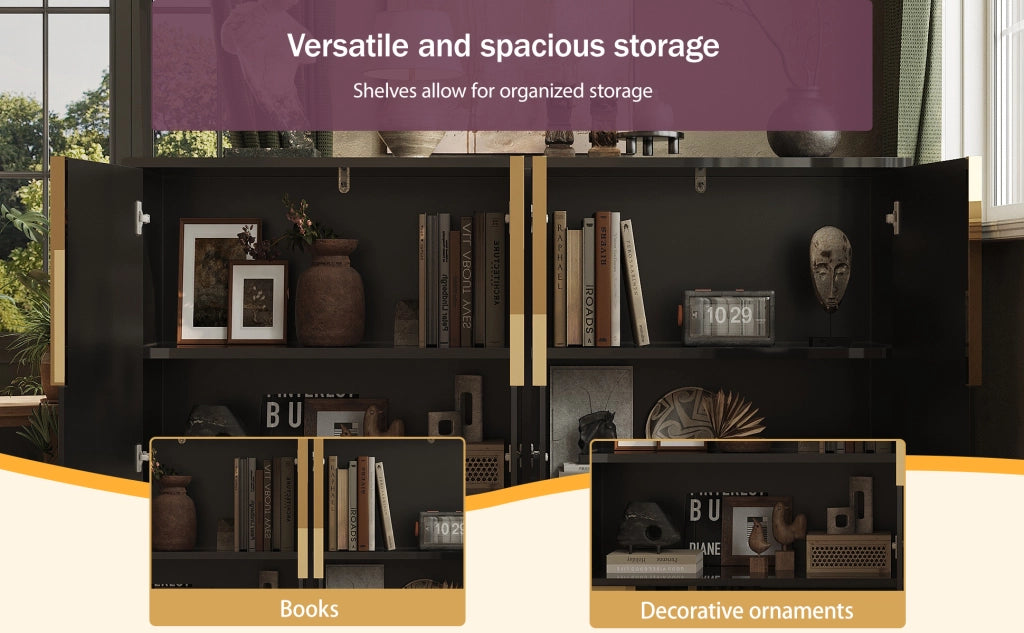 Sideboard nero 152x40x75 cm, design geometrico, maniglie e piedi dorati