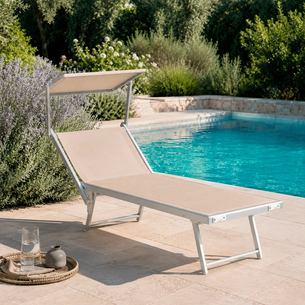 Lettino Prendisole Pieghevole Professionale Tettuccio Regolabile Tettino Parasole Sdraio Relax Mare Spiaggia Piscina Giardino Terrazza Esterno 182 x 60 x 38 Cm Beige