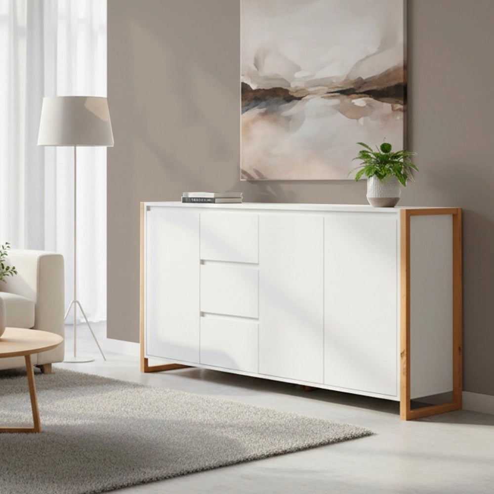 Credenza New Denver3 con 3 cassetti e 3 ante bianco e rovere 160x40x88H