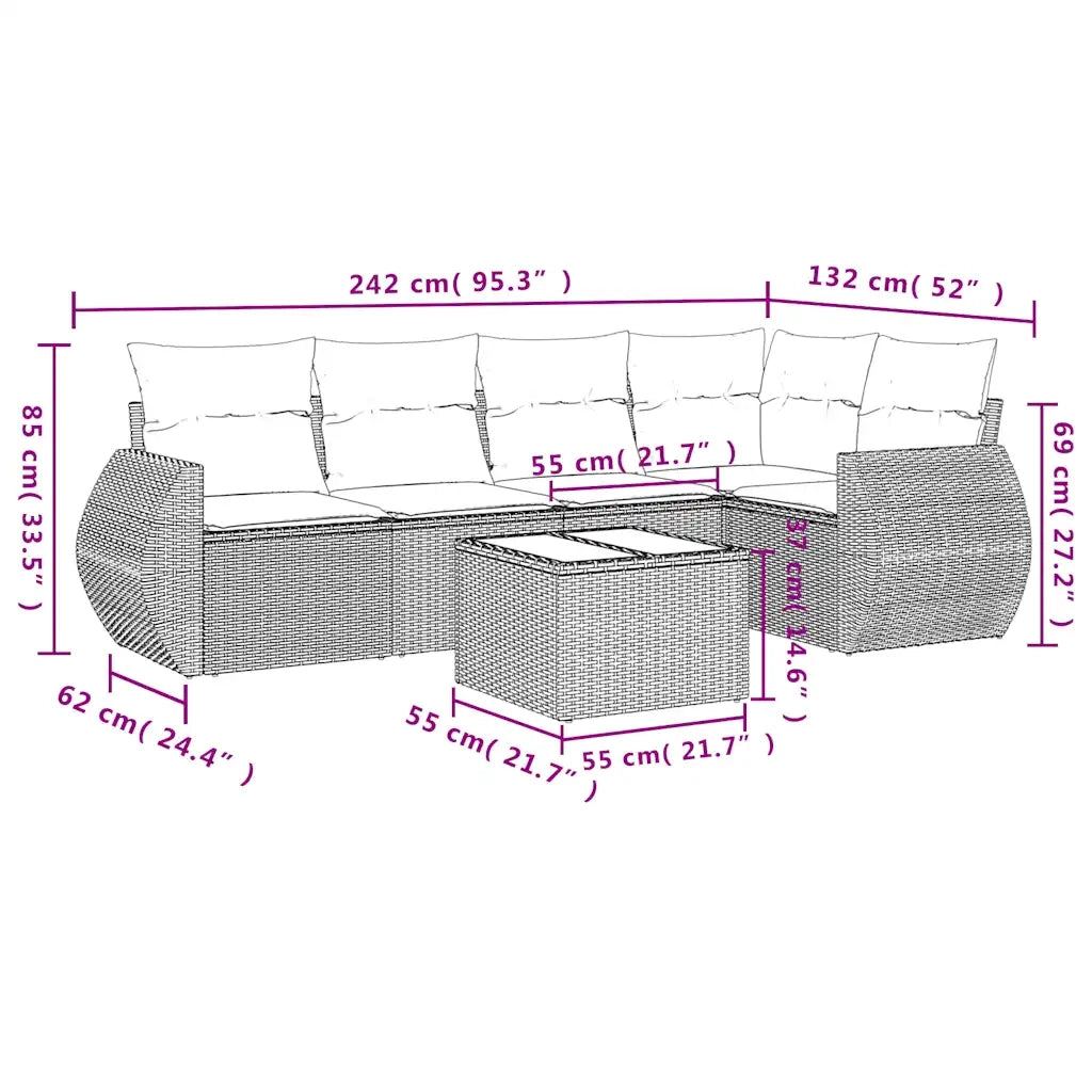 Set Divano da Giardino 6 pz con Cuscini Marrone in Polyrattan