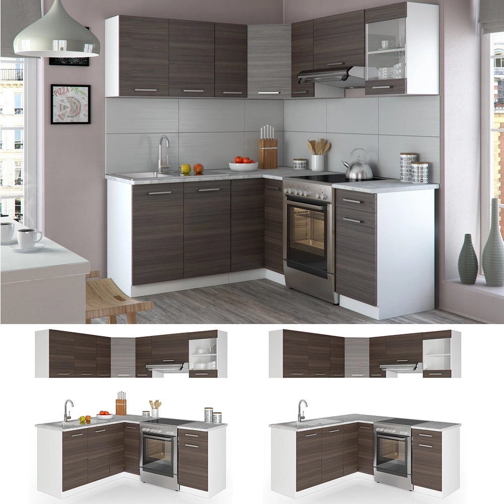 Cucina ad angolo Rick Grigio nobile/Bianco 187 x 167 cm, PL Marmo con striscia LED Vicco