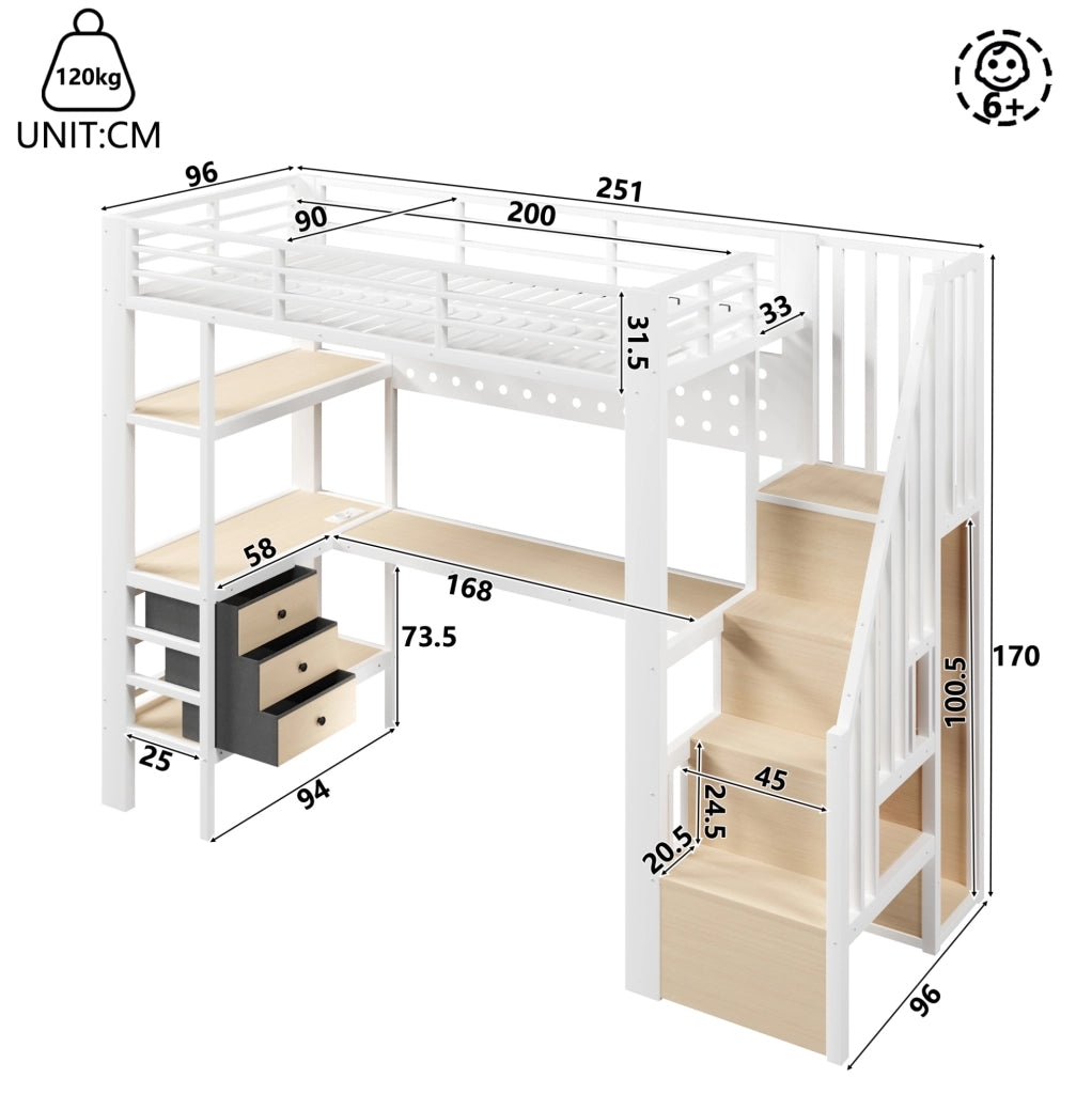 Letto a soppalco 90x200 cm con scrivania, LED e prese